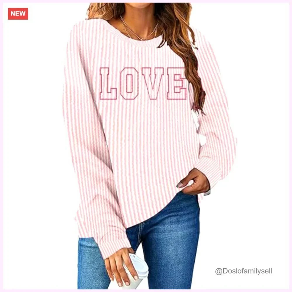 Love Embroidered Sweatshirt Women's Lightweight Pullover Valentine Casual Top